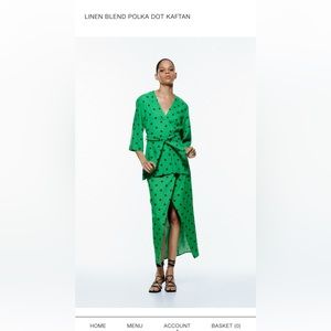 Zara linen blend caftan tunic. Emerald green with brown polkadots and tie belt.